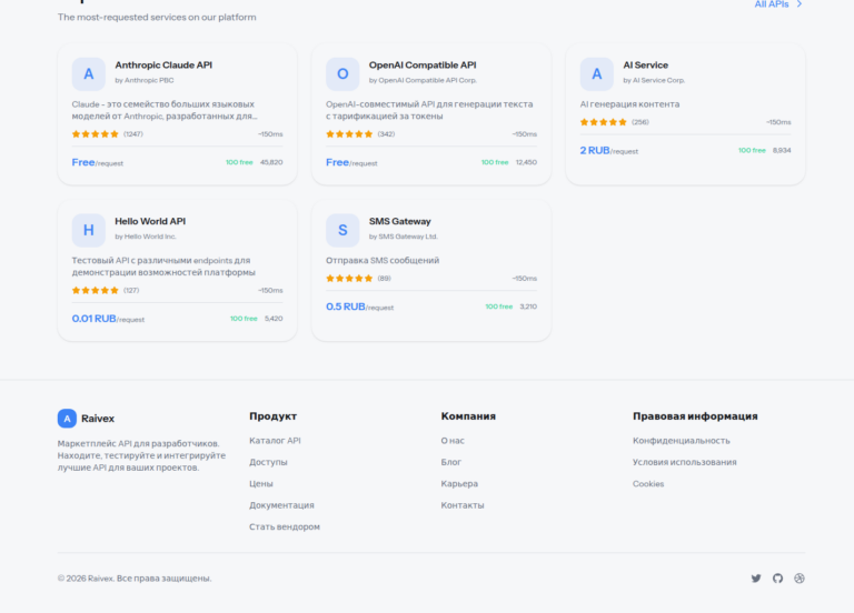 Raivex — маркетплейс API для разработчиков — экран проекта 2