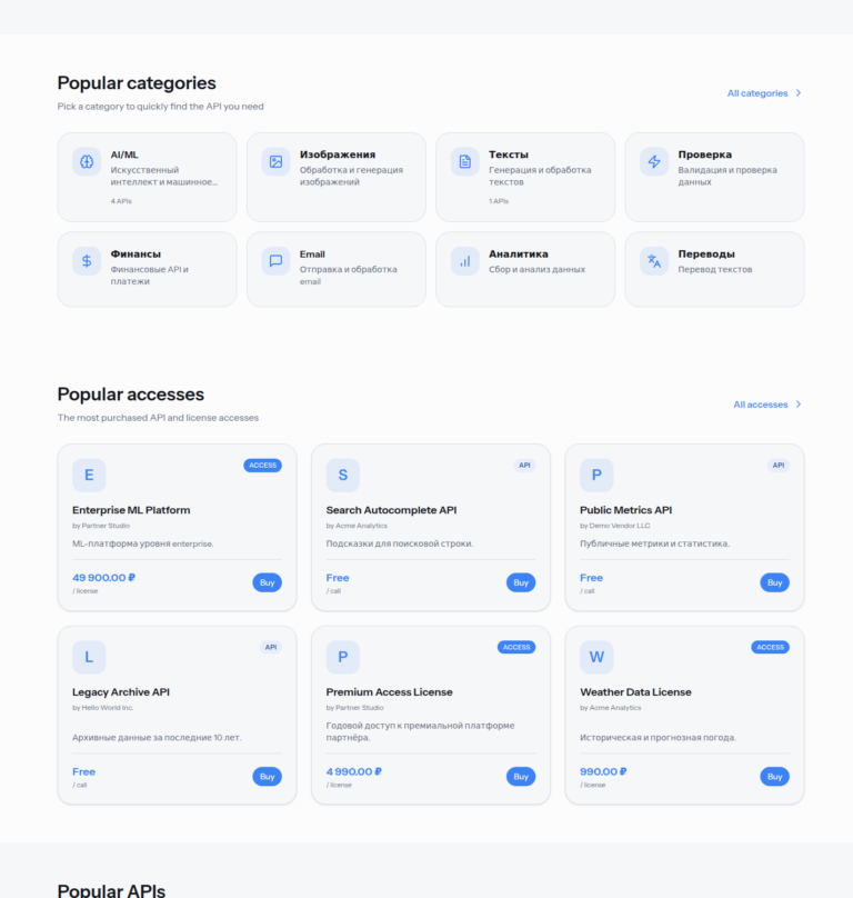 Raivex — маркетплейс API для разработчиков — экран проекта 1